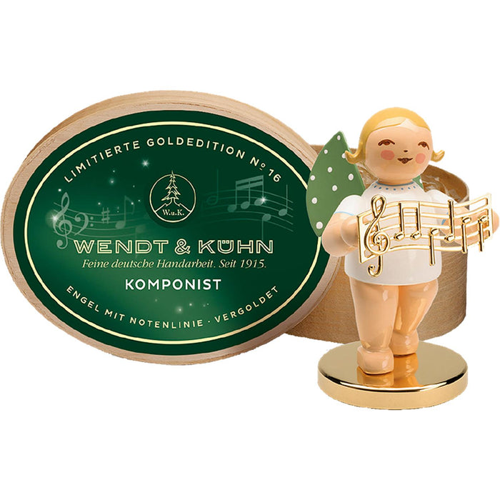 Wendt & Kühn Limitierte Goldedition (22.222 Stück) Komponist, Engel mit Notenlinie auf Metallsockel · vergoldet, in Spanschachtel