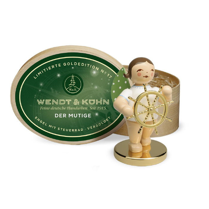 Wendt & Kühn Limitierte Goldedition (22.222 Stück) Der Mutige, Engel mit Steuerrad auf Metallsockel · vergoldet, in Spanschachtel