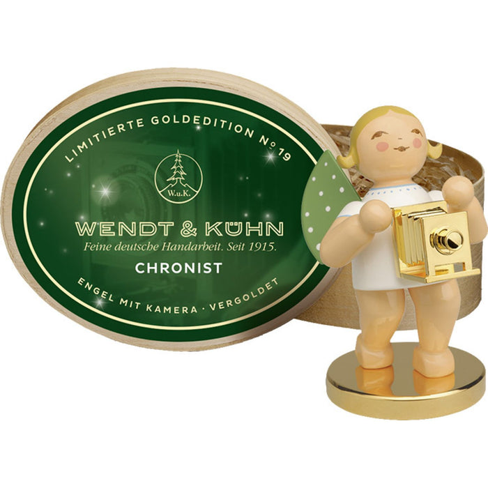 Wendt & Kühn Limitierte Goldedition Chronist, Engel mit Kamera vergoldet, in Spanschachtel