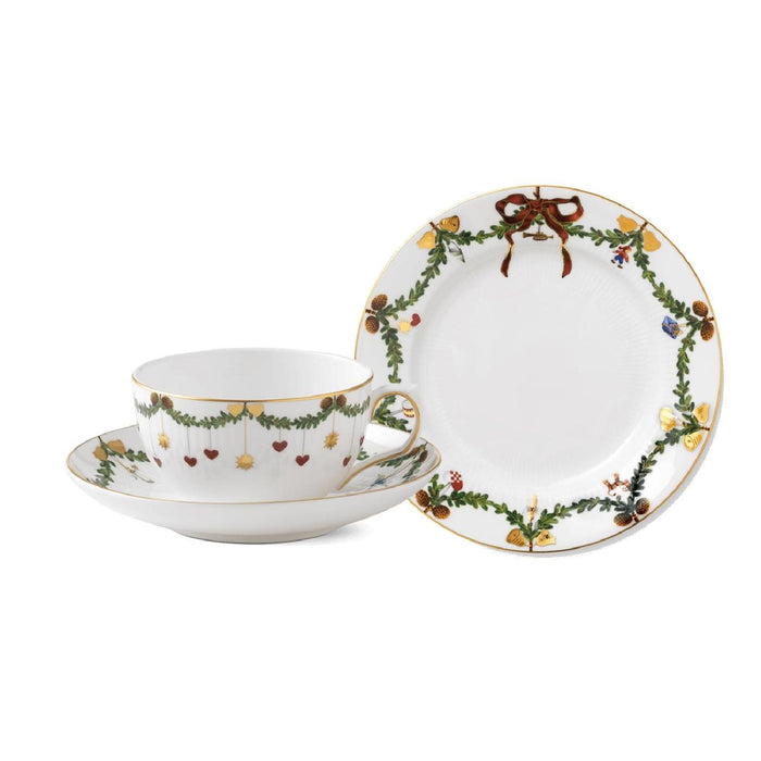 Royal Copenhagen Star Fluted Christmas Weihnachtsgedeck Teetasse mit Unterteller + Kuchenteller