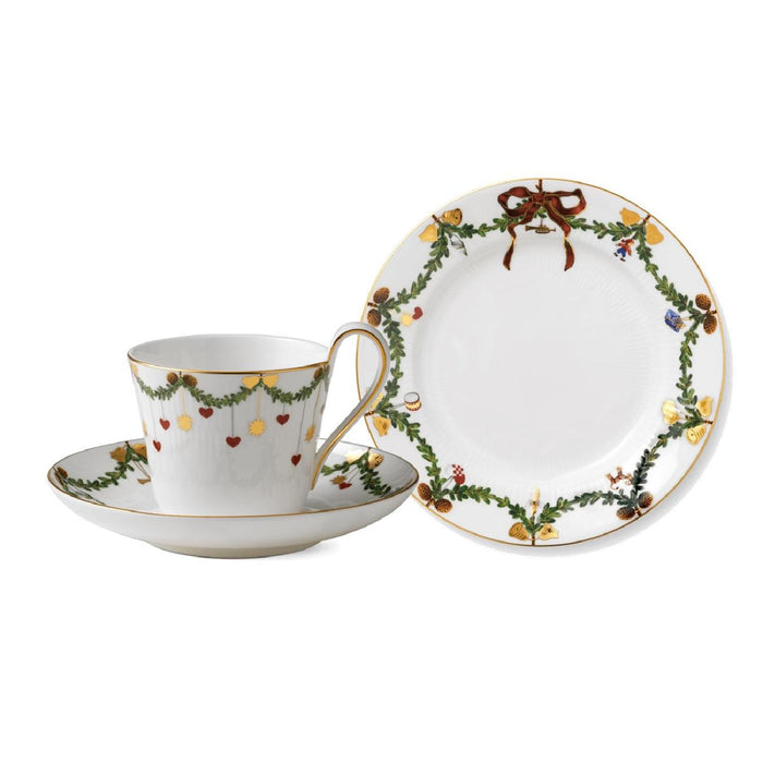 Royal Copenhagen Star Fluted Christmas Weihnachtsgedeck Kaffeetasse mit Unterteller + Kuchenteller