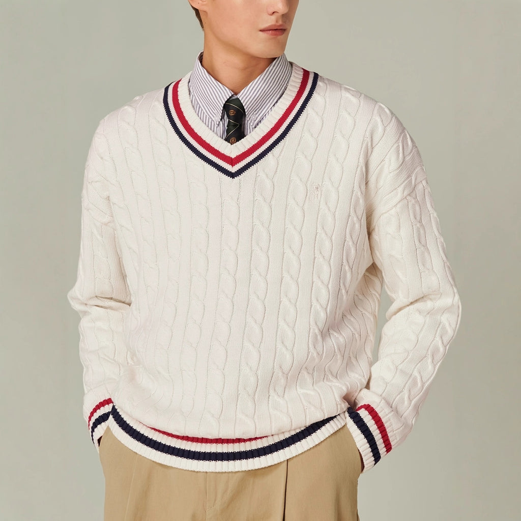 Pull Vintage Col V à Torsades Tricolores