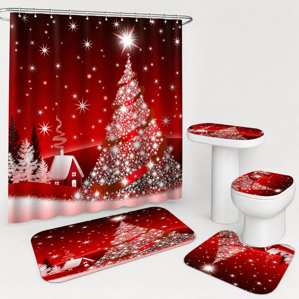 Rideau Douche Noël Village Enneigé Lune et Traineau - Sapin de Noël rouge / 150x180 320g