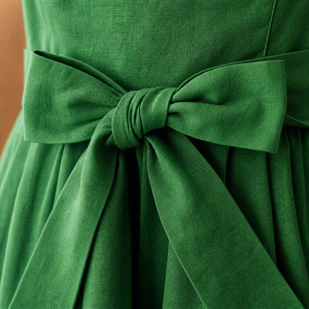 Robe année 50 verte à jupe évasée et ceinture nouée - close-up détail matière