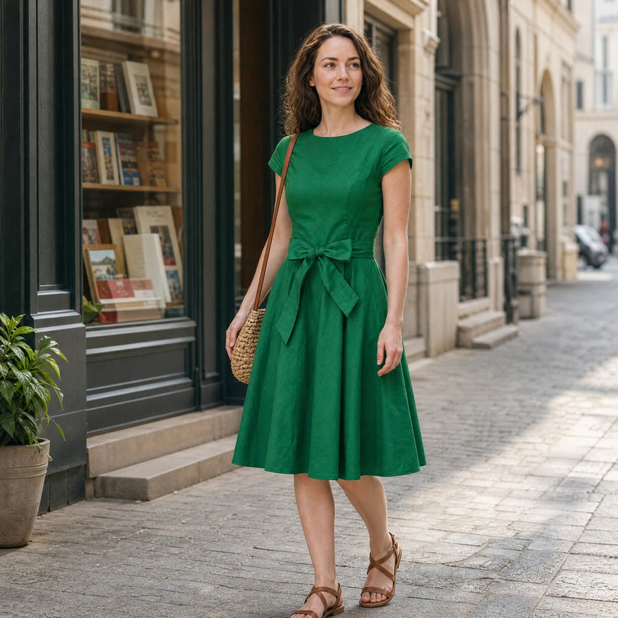 Robe année 50 verte à jupe évasée et ceinture nouée - Utilisation GLOBALE