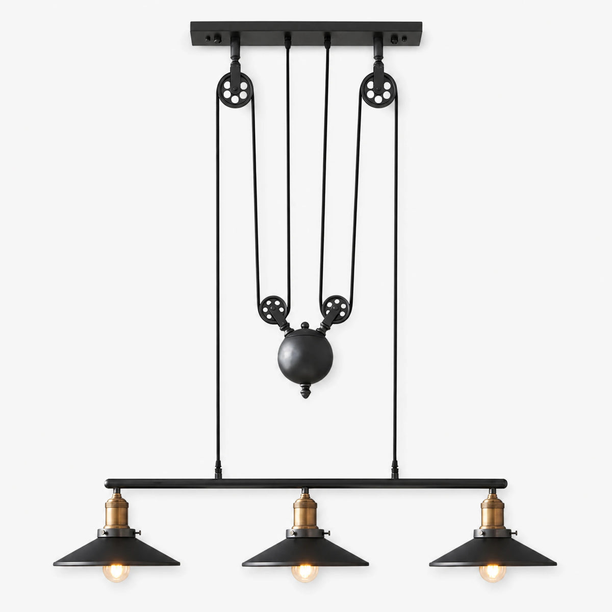 Suspension Industrielle Rétro à Poulies et Abat-jours Noirs - image principale