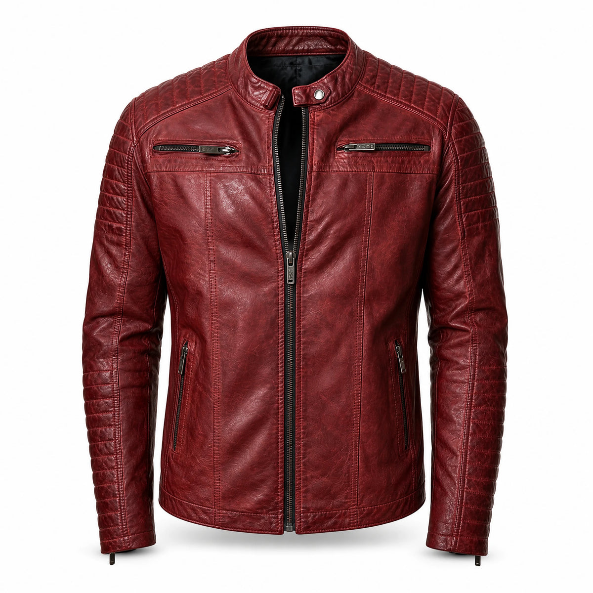 Veste de motard en cuir à fermeture éclair et col montant vintage - image principale