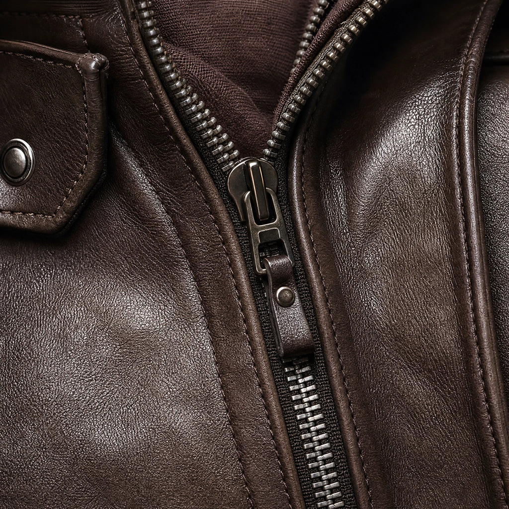Veste en cuir vintage multi-poches à capuche pour homme - close-up détail matière