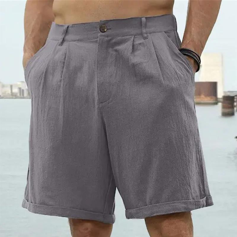 short-plage-boutonne-couleur-unie-coton-lin-vintage